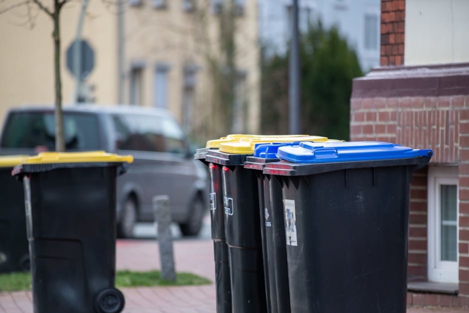 A row of black wheelie bins with blue and orange plastic lids, positioned on the pavement in front of a red brick wall. The bins are used for waste disposal related to house removals or moving activit